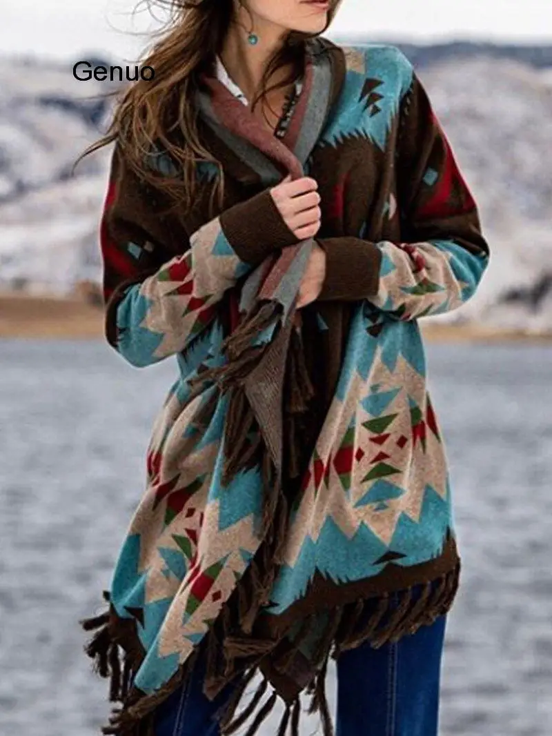 

Vintage printed fringe irregular mid-length coat