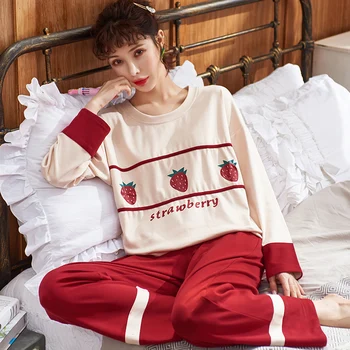 

2019 Pyjama Women Pajamas Sets Spring Autumn Long Sleeve Strawberry Print Cute Sleepwear Girls Pijamas Mujer Leisure Tracksuit