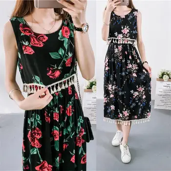 

Elegant Tassels Flower Printing Dresses Summer Woman Bohemian Round Collar Sleeveless Geometric Pattern Dress Casual Beach Dress