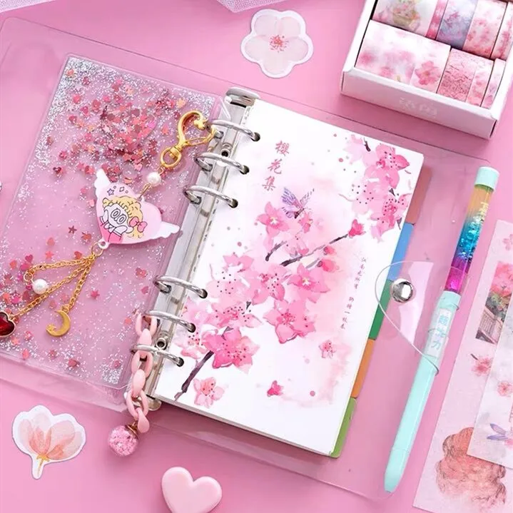 Sharkbang Kawaii Bling Bling Flores de Cerejeira a6 Folha Solta Diário Caderno Conjunto Diário Nota Agenda Agenda Bullet Planner 160 Folha - Imagem 2