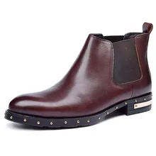 Luxury High Top Chelsea Boots Rivets Slip On Black Brown Genuine Leather Ankle Boots Mens Fashion Dress Boots Shoes