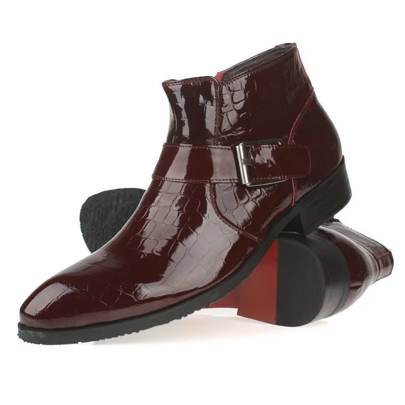 

New Bullock Men Slip-ons Patent Cowhide Pointed-Toe Botas Hombre Short Marriage Wear Cowhide