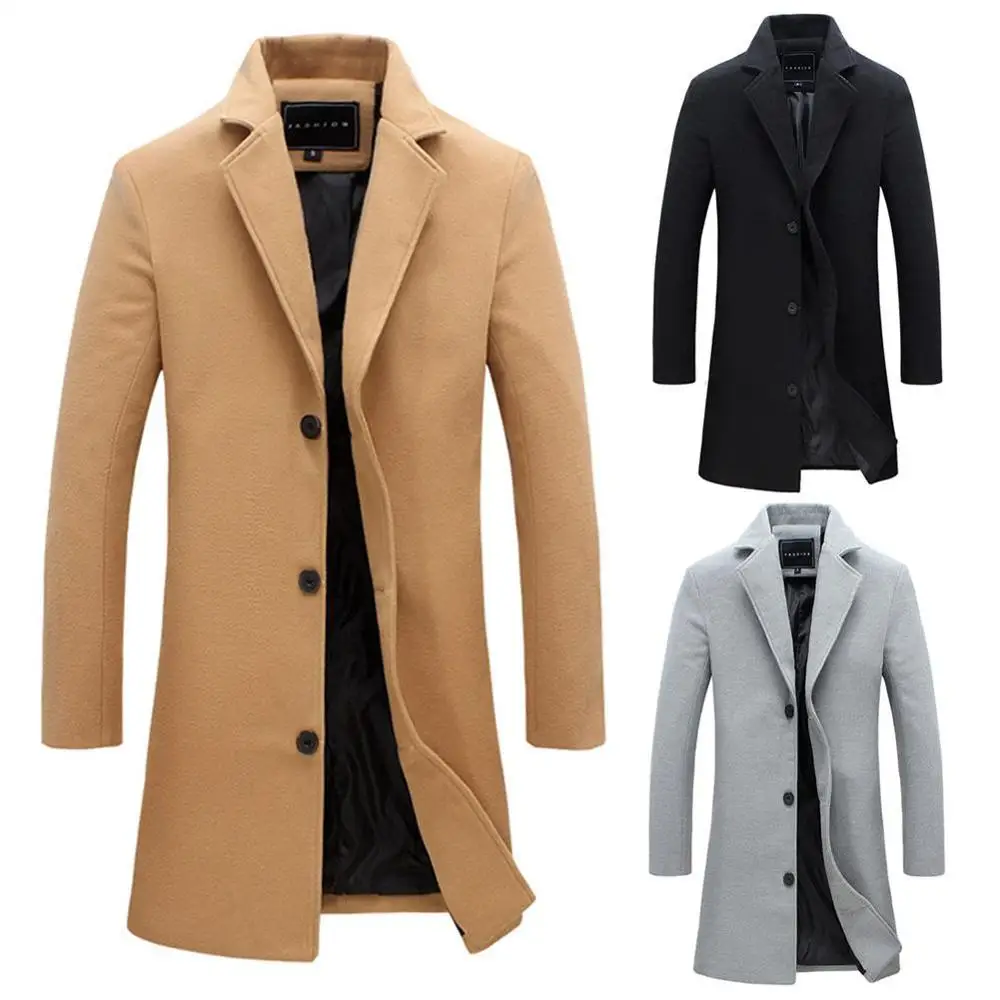 Новинка, Модный зимний мужской однотонный плащ, теплая длинная куртка, однобортное пальто, повседневное модное толстое пальто