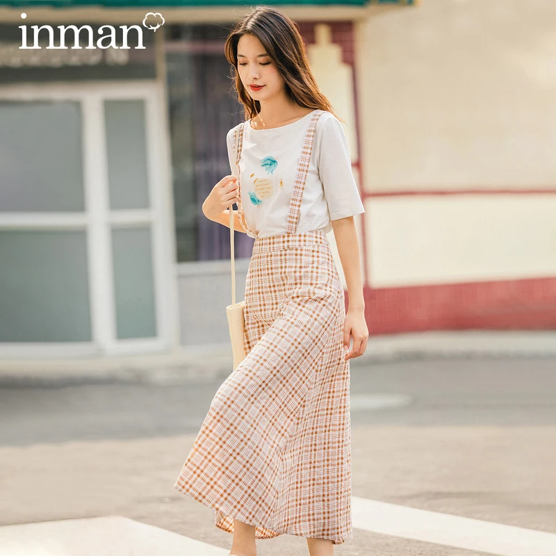 

INMAN 2020 Summer New Arrival Elastic Joker Fit T-Shirt Plaid Overalls Two Pieces Set