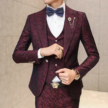 

Luxury Mens 3 Piece Tuxedos Vintage Groomsmen Wedding Suit Jacquard Wine Red Slim Fit Business Dress Suit(Jackets+Vest+Trousers)