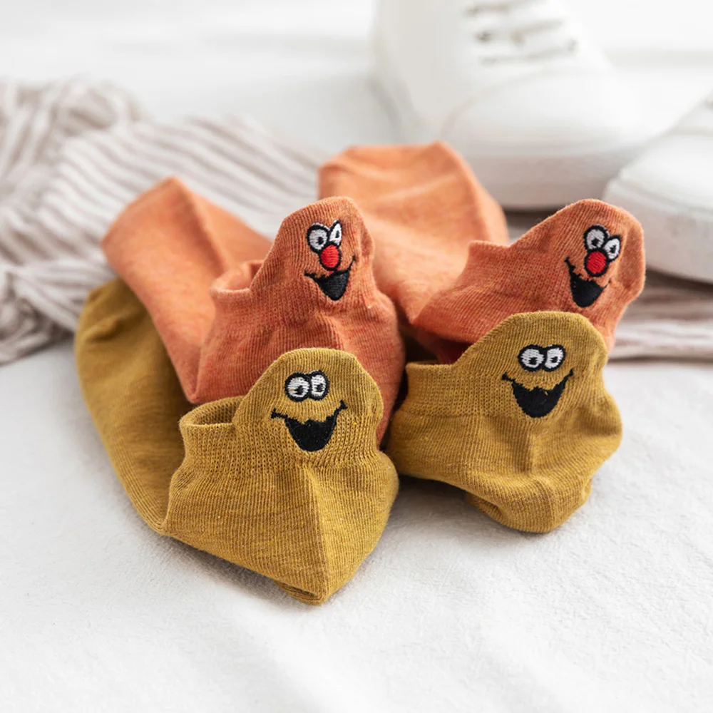 3 шт., Kawaii, женские носки, забавные, с вышивкой, короткие носки, хлопок, лето, осень, короткие носки, с милым лицом, смайлик, женские носки