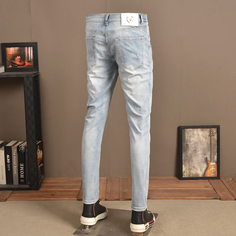 Men's Distressed Light Blue Ripped Jeans Summer Fashion Rhinestones Slim Fit Denim Pants