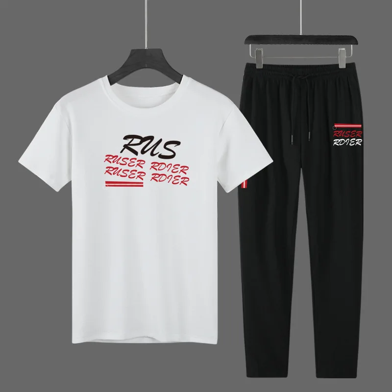 

Summer MEN'S Short-sleeved T-shirt Trousers Set Korean-style Elasticity Breathable Short Sleeve T-shirt Sports Leisure Suit Men'