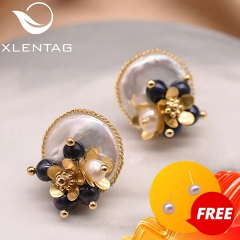 

XlentAg Handmade Natural Baroque Flat Pearl Earrings For Women Wedding Party Flower Stud Earrings Luxury Fine Jewellery GE0650