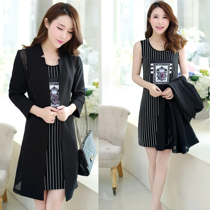 

2017 Summer New Style Korean-style Ninth Sleeve Coat + Stripes Printed Two-Piece Dress Women's Fashion