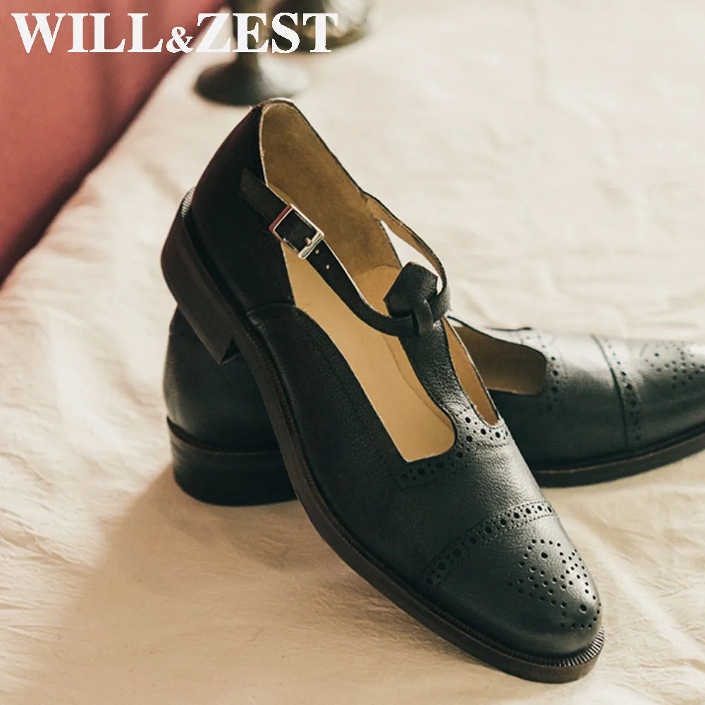 

Will&Zest Genuine Leather Women Oxford Comfort School Shoes Wide Feet Low Heels Summer New Polka Dot Mary Jane Flats Sport