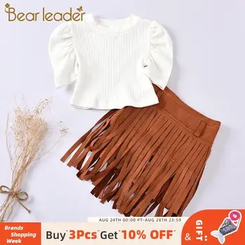 

Bear Leader Children Summer Casual Costume 2PCS Puff Sleeve Knitted Tops Tassel Skirt Girls Solid Fashion Autumn Clothing Sets