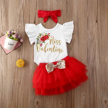 

Girl's short sleeve ruffle sleeve Valentine's day print halo + net puff skirt + headband three-piece suit для новорожденных