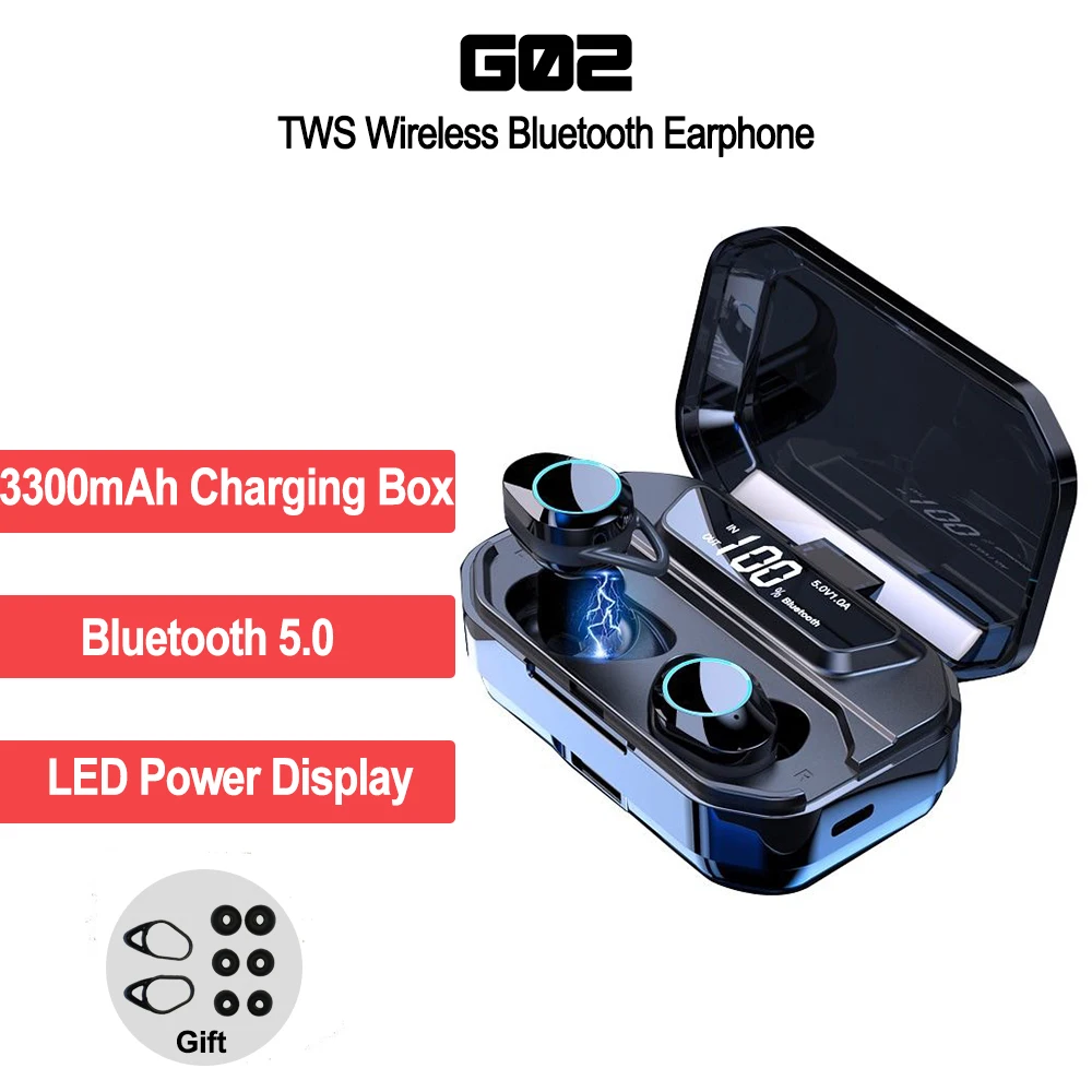 

Instock G02 tws Wireless earphone Wireless Headsets Earbuds Bluetooth 5.0 3300mAh Charger Box For xiaomi iPhone earphones