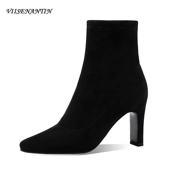 

Pointed Toe Short Tube Stretch FlockBoots Women Thick Heel New Style Single Boots 8cm Plus Velvet Fashion High Heel Ankle Boots