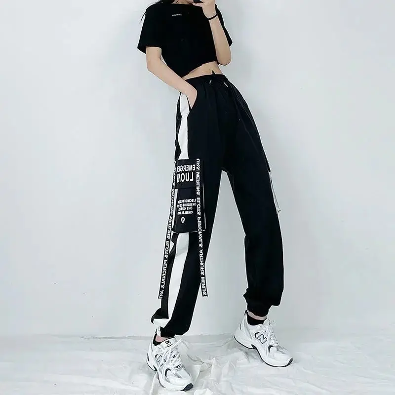 Streetwear Harajuku Ribbon Cargo Pants Women New Korean Style Loose Pants High Waist Straight Trousers Female