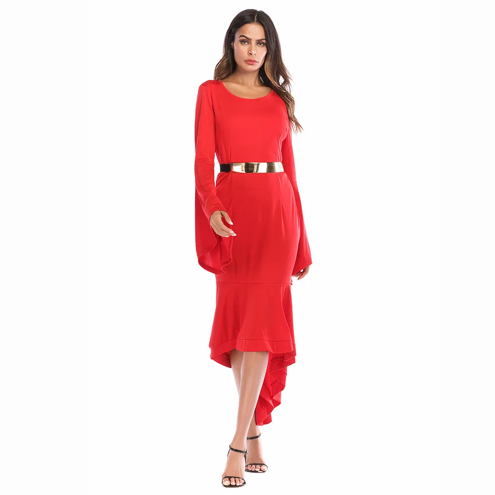 

2019 Europe And America Fashion Autumn New Style Elegant Commuting Bell Sleeve Dress WOMEN'S Dress Long Sleeve Formal Dress Long