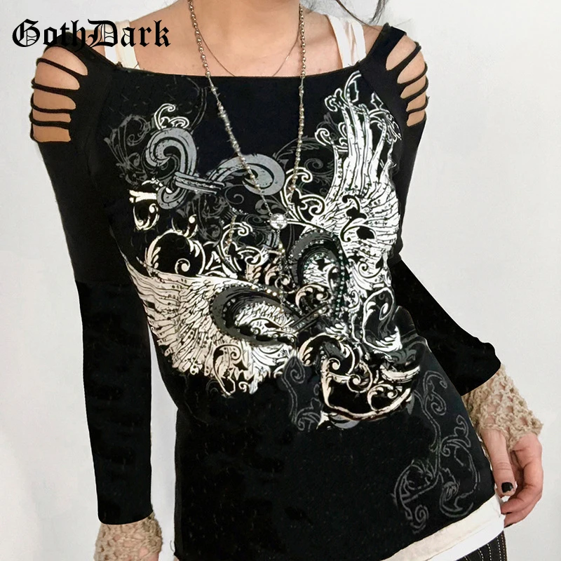 Goth Dark женские футболки с вырезами на плечах готические гранж-панк облегающие