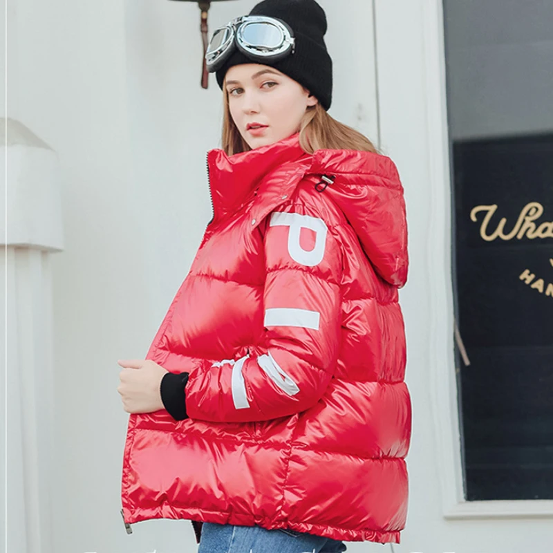 

2019 Glossy Winter Down Cotton Padded Jacket For Women Thick Bright Black Short Shiny Jacket Blue Red Cotton Hooded Parkas