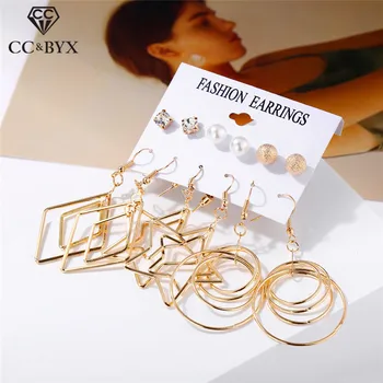 

CC Earring Sets Hoop Earring 6pcs Circle Geometric Shape Bohemian Female Brincos Beach Fine Jewelry Gold Color Wholesale YH167