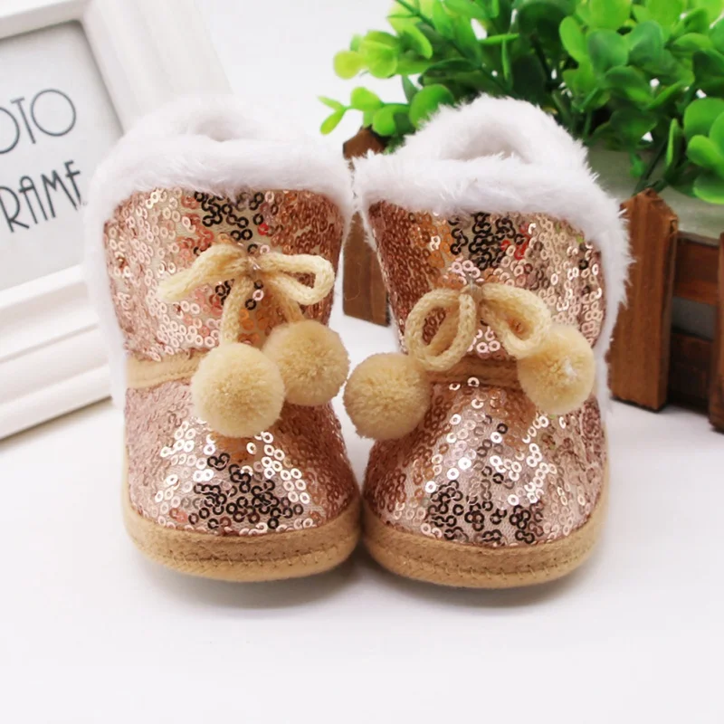 RH Winter Baby Boy Girl Sequin Snow Boots With Plush Ball Infant Anti