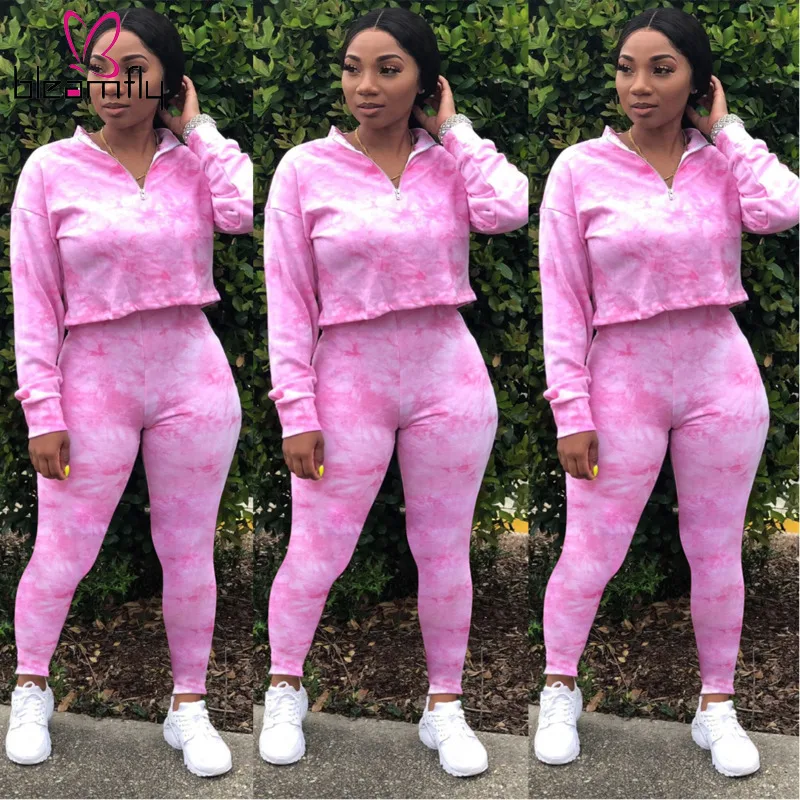 Autumn Tie Dye Galaxy Printed Women's Set Zipper Up Turn-down Neck Crop Top Pencil Pants Suit Sporty Two Piece Sets Tracksuits