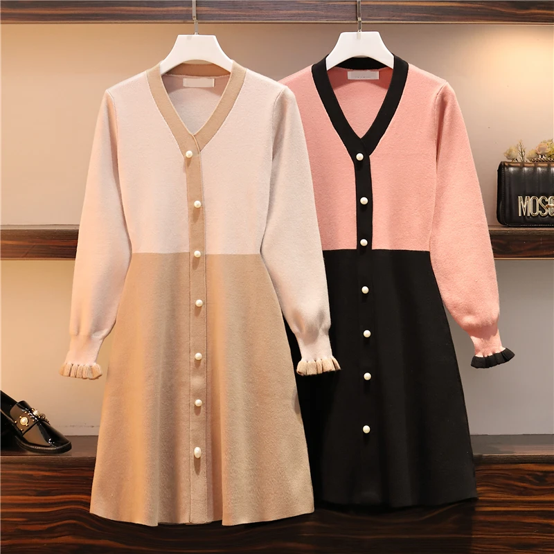 Large Size Women's Wear Fat Mm Autumn And Winter 200 Jin Color-clashing Core-spun Yarn Sweater Color Matching Knitted Skirt | Женская