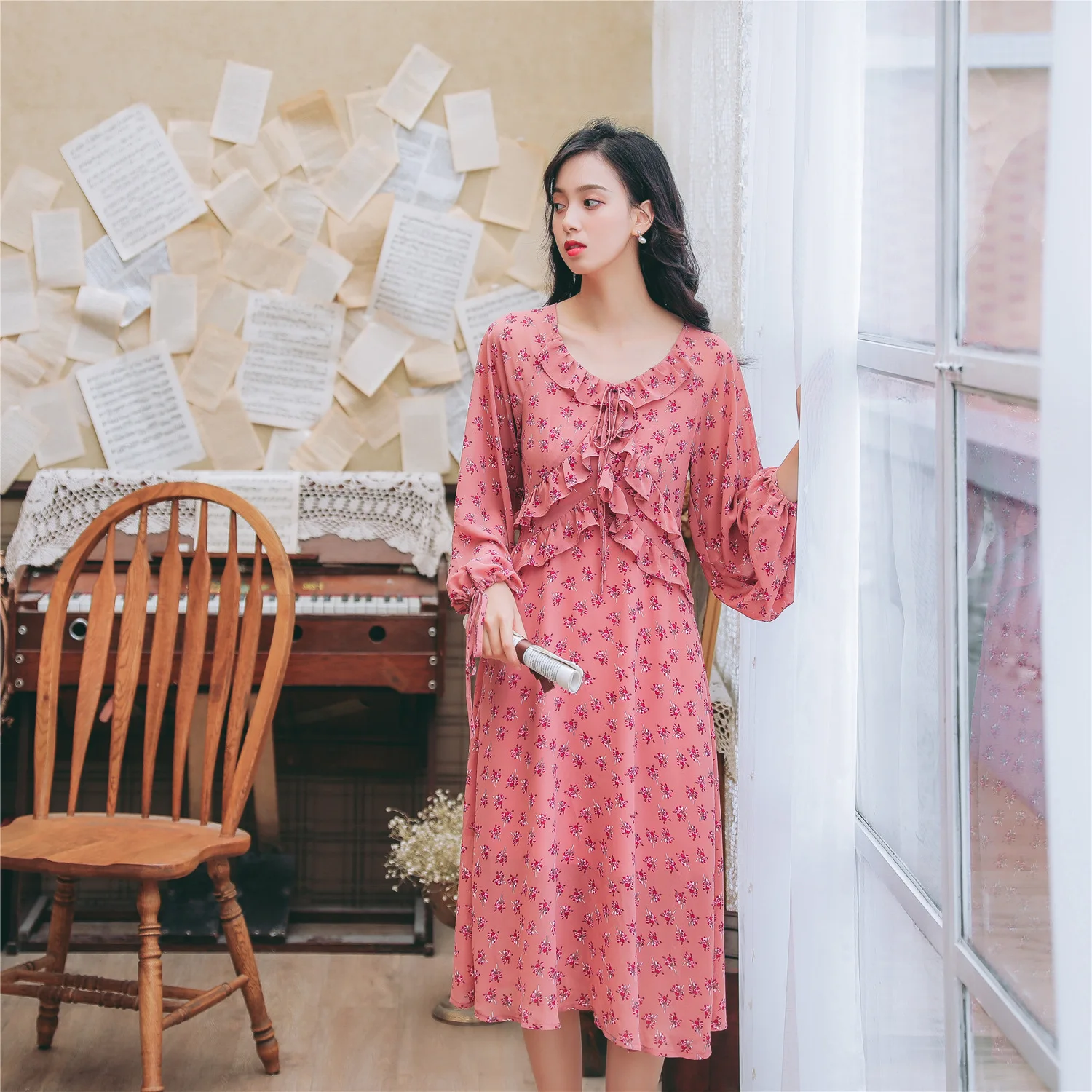 

Photo Shoot Floral-Print Chiffon Slim Fit Long-sleeved Dress Women's Spring And Autumn 2019 Sweet Hong Kong Style