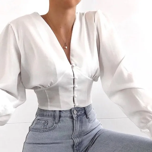 

Blouses Woman Solid Color V-neck Long-sleeved Button Umbilical Slim Shirt Womens Tops and Blusas Femininas Elegante Streetwear