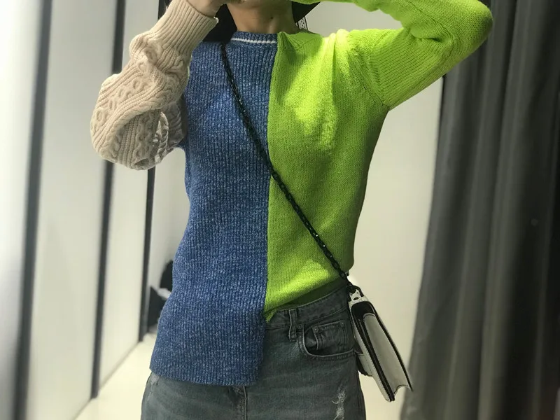 Pullover female new irregular contrast color sweater