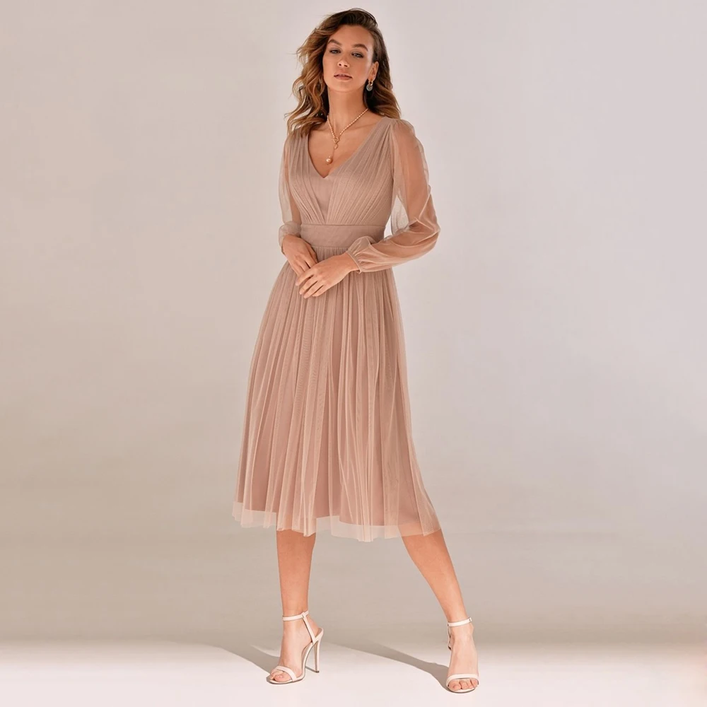 Mother Bride Dresses Long Sleeves V Neck Ruched Pleats Short Wedding Party
