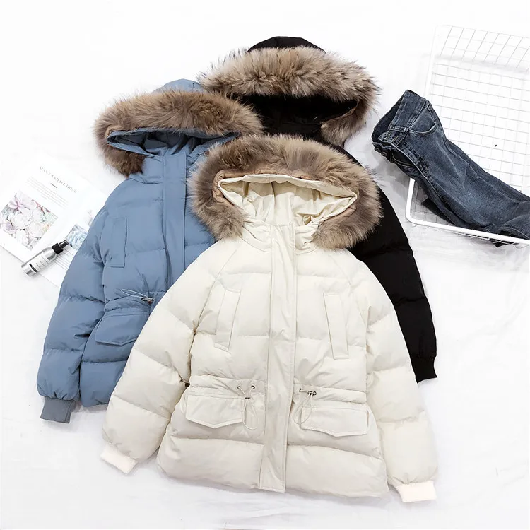 

Drawstring Waist Hugging Cotton Coat New Style Mid-length Thick Genuine Fur Collar Hooded down Coat Cotton-padded Clothes INS Co