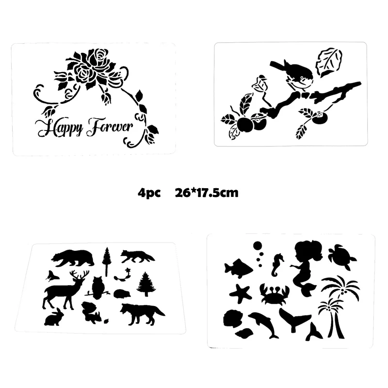 

4pc Stencil Flower Bird Animal Painting Template DIY Coloring Embossing Stencil Scrapbook Diary Album Decoration Doodle Reusable