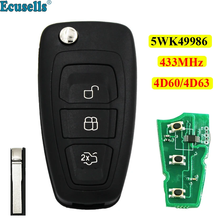 

Откидной дистанционный ключ 3 кнопки для Ford Focus Mondeo C-max 433 МГц с чипом 4D63 или 4D60 или без чипа HU101 необработанное лезвие