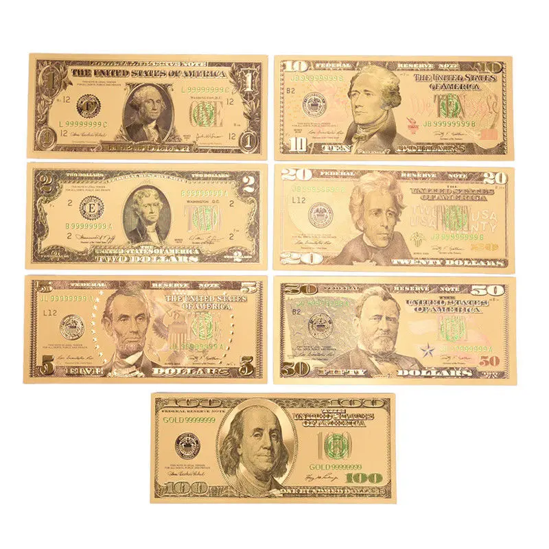 7Pcs/Lot Gold Plated US Dollar Fake Paper Money Banknotes fake money prop toy gold plated banknote commemorative banknotes Crafts For Collection Home Decor