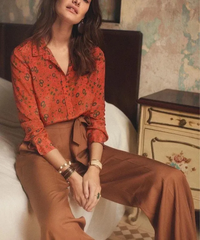 

Women Shirt 2019 Early Autumn Daisy Sunflower Print Vintage Orange Shirt