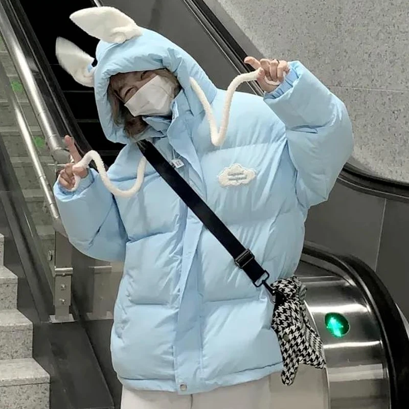 Giacca invernale imbottita in cotone con cappuccio studentesse sciolto  Kawaii orecchie di coniglio carine abbigliamento per pane spesso selvaggio  giacca in cotone caldo|Parka| - AliExpress