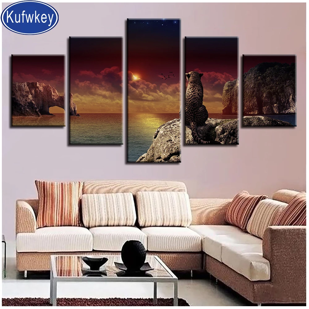 Полная Алмазная вышивка леопардовая морская картина с бриллиантами 5 панель