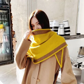 

2020 winter new net red style wild sweet bib women thick warm knitted coarse wool long plaid double-sided triangle shawl A80