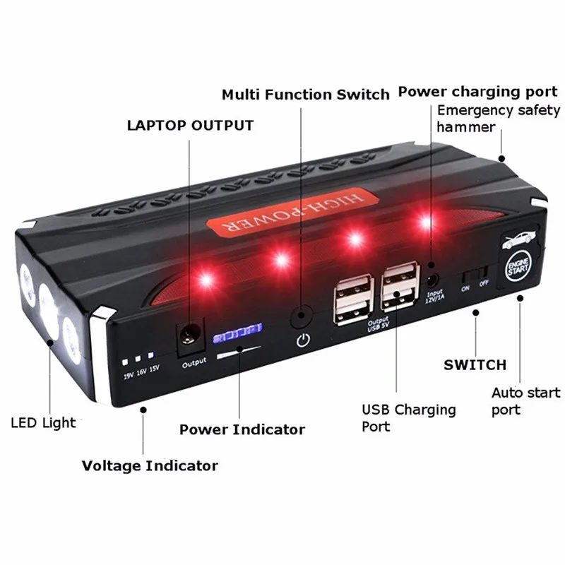 Супер мощный автомобильный стартер power Bank 600A портативный автомобильный аккумулятор бустер зарядное устройство 12 В пусковое устройство бензиновый дизельный автомобильный стартер