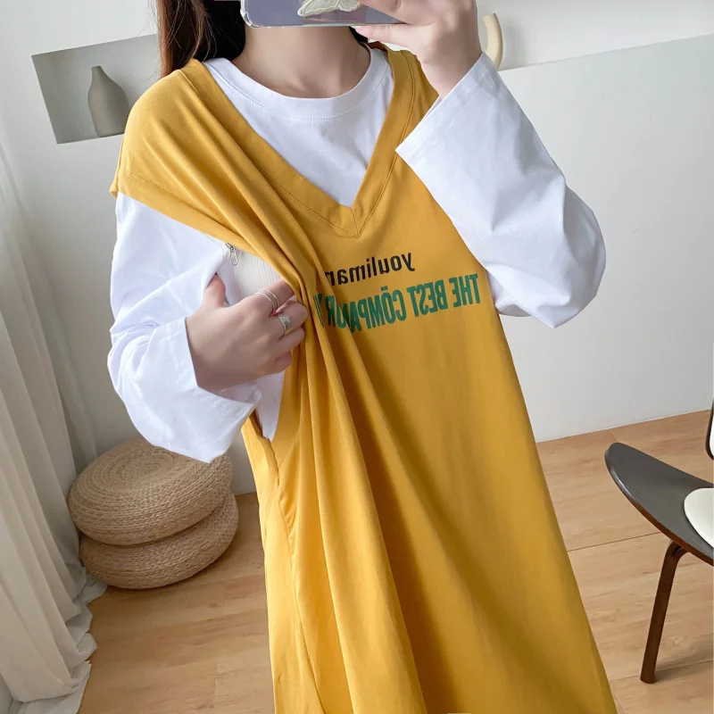 

Maternity Fake Ship Long Breastfeeding Dress For Pregnant Women Long Sleeve Cotton Mid-Calf Maternity Clothes Pregnancy 9107
