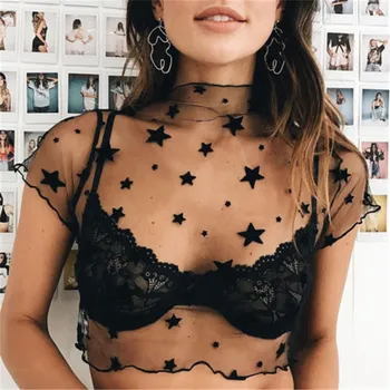 

Women See Through Star T Shirts Black White Mesh Crop Tops Sexy Ladies Short Sleeve Printing Transparent Lace Tees Top