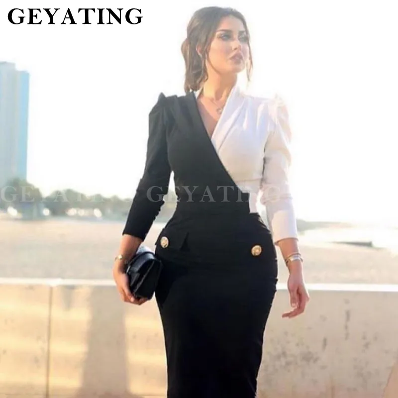 Дубай черный и белый Русалка вечернее платье с длинным рукавом V образным вырезом Женские вечерние платья Саудовская Арабский женские вечерние платья