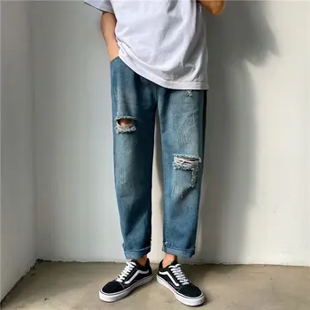 

Summer ulzzang tide brand nine-point hole jeans male loose students straight Korean version of the trend bf casual pants