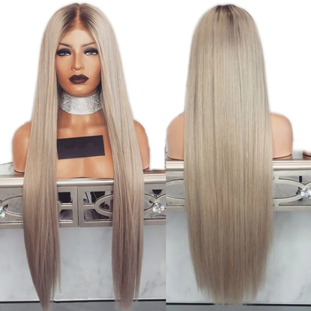 DLME Heat Resistant Hair Ombre Ash Blonde Wig Long Straight Synthetic Lace Front For Black Women | Шиньоны и парики