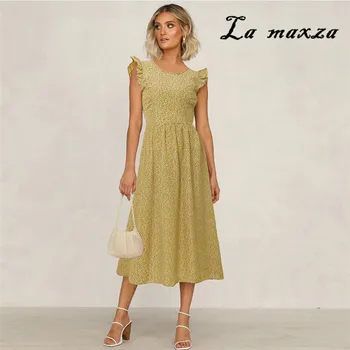 

Casual Elegant Women O-neck Print Maxi Dress 2020 Summer Butterfly Sleeves Ruffles Slim Dress