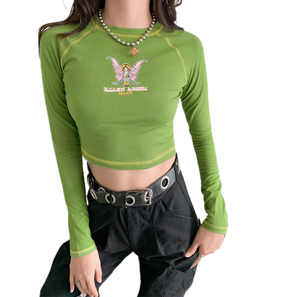 

O-neck Long Sleeve Slim Fit T-shirts E-girl Butterfly Graphic & Letter Printing Stitch Short Pullover Tee Tops Fall Grunge Style