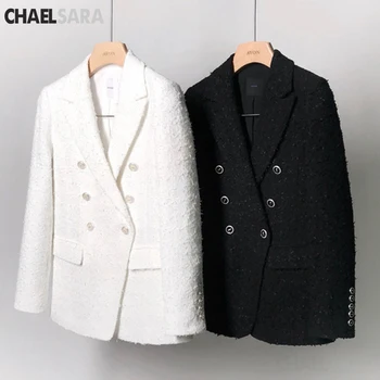 

Vintage Tweed Blazer Women 2019 New Autumn Winter Blend Jacket Coat Elegant Office Ladies Female White and Black Blazer Coat