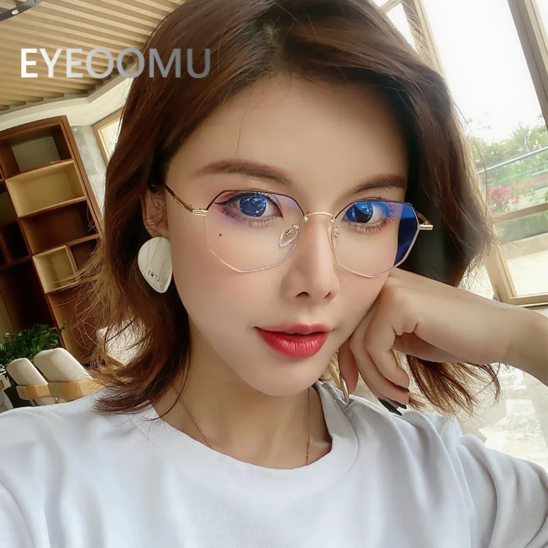 

EYEOOMU Polygon Blue Light Blocking Eyeglasses Women Computer Glasses Hyperopia Myopia Optical Eyewear Metal Frame Acetate Ends