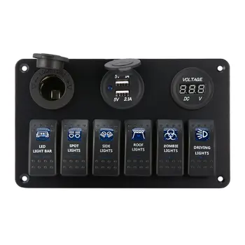 

6 Gang Waterproof RV Car Marine Boat Circuit Breaker LED Rocker Switch Panel Dual USB Charger Cigarette Socket